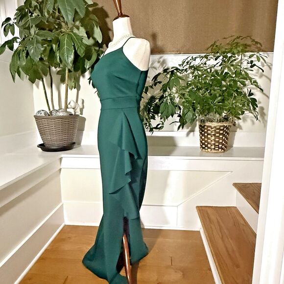 Formal Dress Long Size S Hunter green Spaghetti Straps Ruffle Prom Wedding EUC - Picture 3 of 8